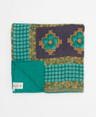 ethically made queen kantha quilt in teal with mustard yellow floral stripes made by Anchal artisans