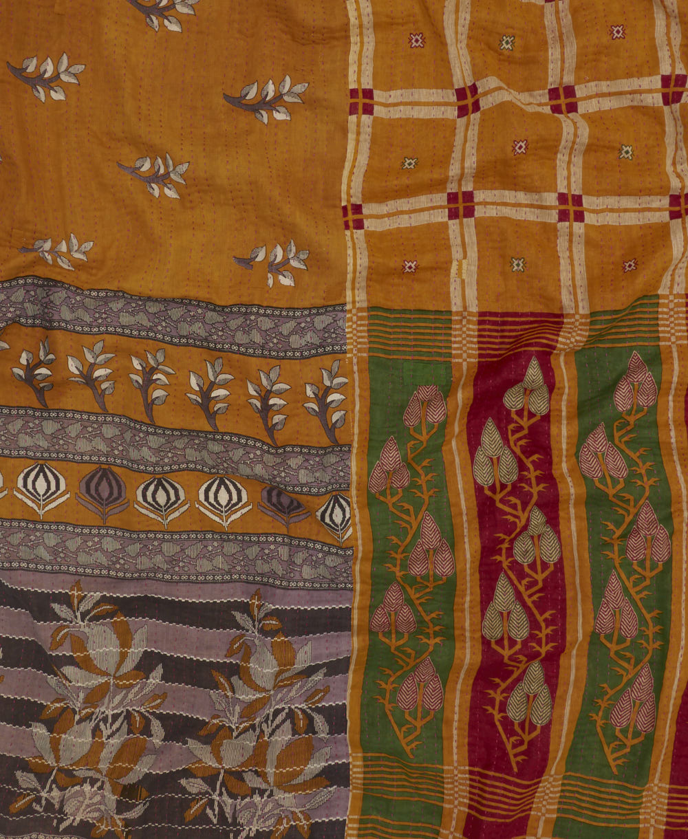 artisan-made kantha quilt in tangerine orange and teal flowers made from upcycled vintage cotton saris