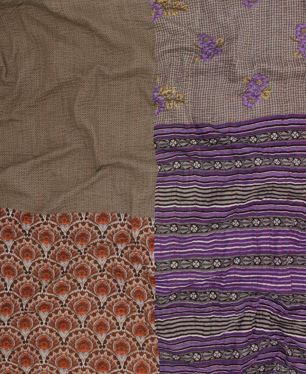 artisan-made kantha quilt in purple-grey and orange birds made from upcycled vintage cotton saris