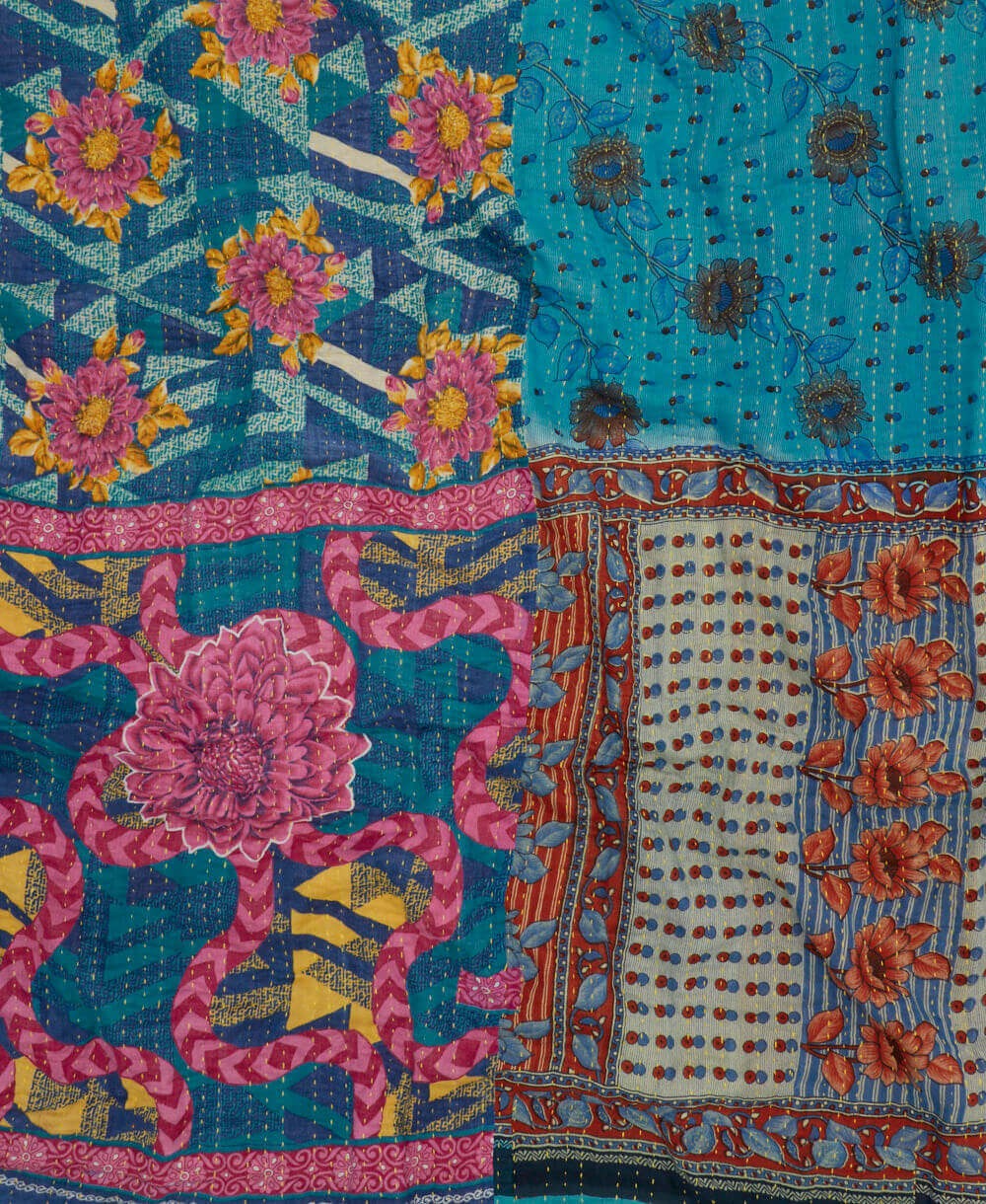 artisan-made kantha quilt in olympic blue and pink and yellow bold floral made from upcycled vintage cotton saris