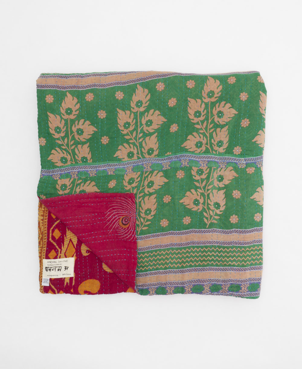 ethically made queen kantha quilt in crimson red with a bold marigold yellow geometric pattern made by Anchal artisans