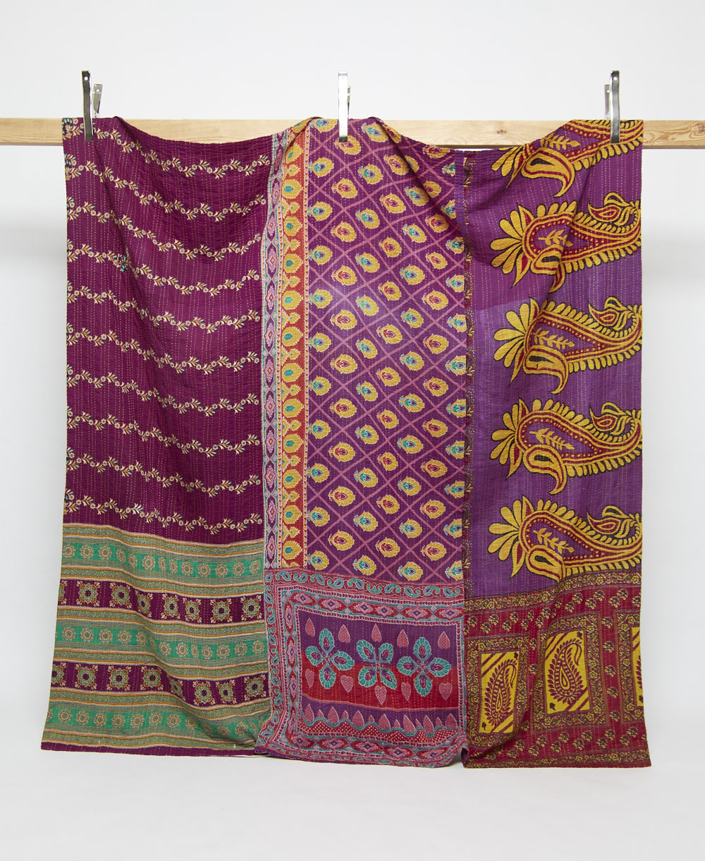 plum and yellow queen kantha quilt with green accents handmade in India from vintage cotton saris