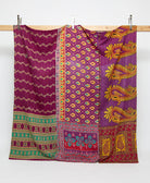 plum and yellow queen kantha quilt with green accents handmade in India from vintage cotton saris