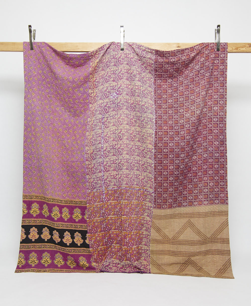 mauve geometric print queen kantha quilt handmade in India from vintage cotton saris