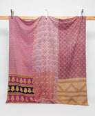 mauve geometric print queen kantha quilt handmade in India from vintage cotton saris