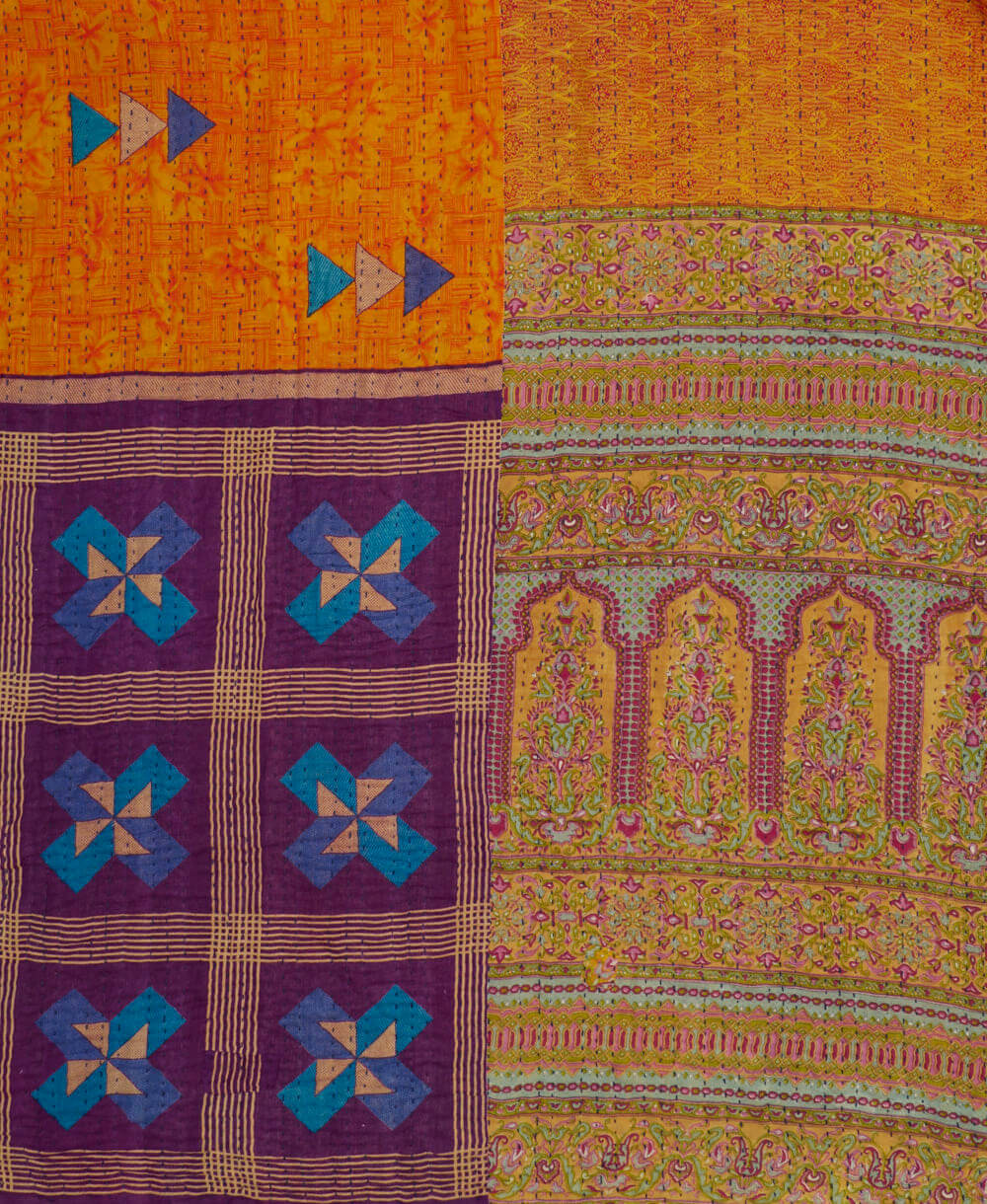 pumpkin orange geometric kantha blanket in queen size with a purple & blue triangle pattern