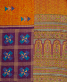 pumpkin orange geometric kantha blanket in queen size with a purple & blue triangle pattern