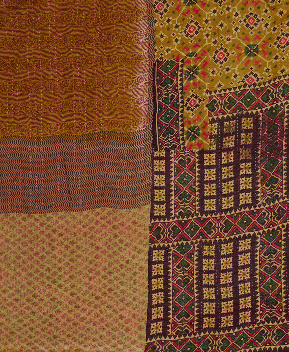 mustard and brown geometric kantha blanket in queen size with a brown stripe pattern