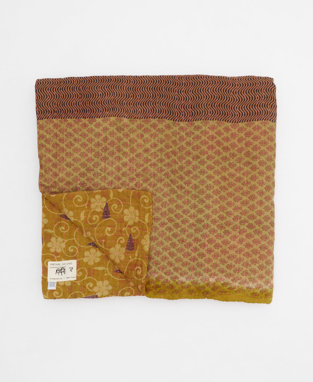 ethically made queen kantha quilt in mustard yellow with a brown stripe design made by Anchal artisans