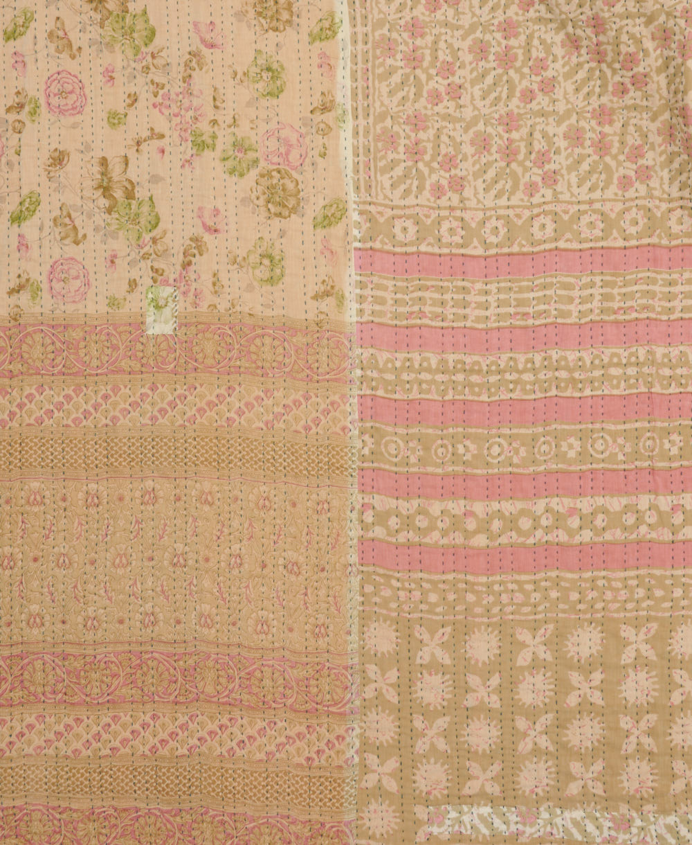 beige & baby pink floral kantha blanket in queen size by Anchal