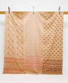 sandy beige & baby pink floral print queen kantha quilt handmade in India from vintage cotton saris