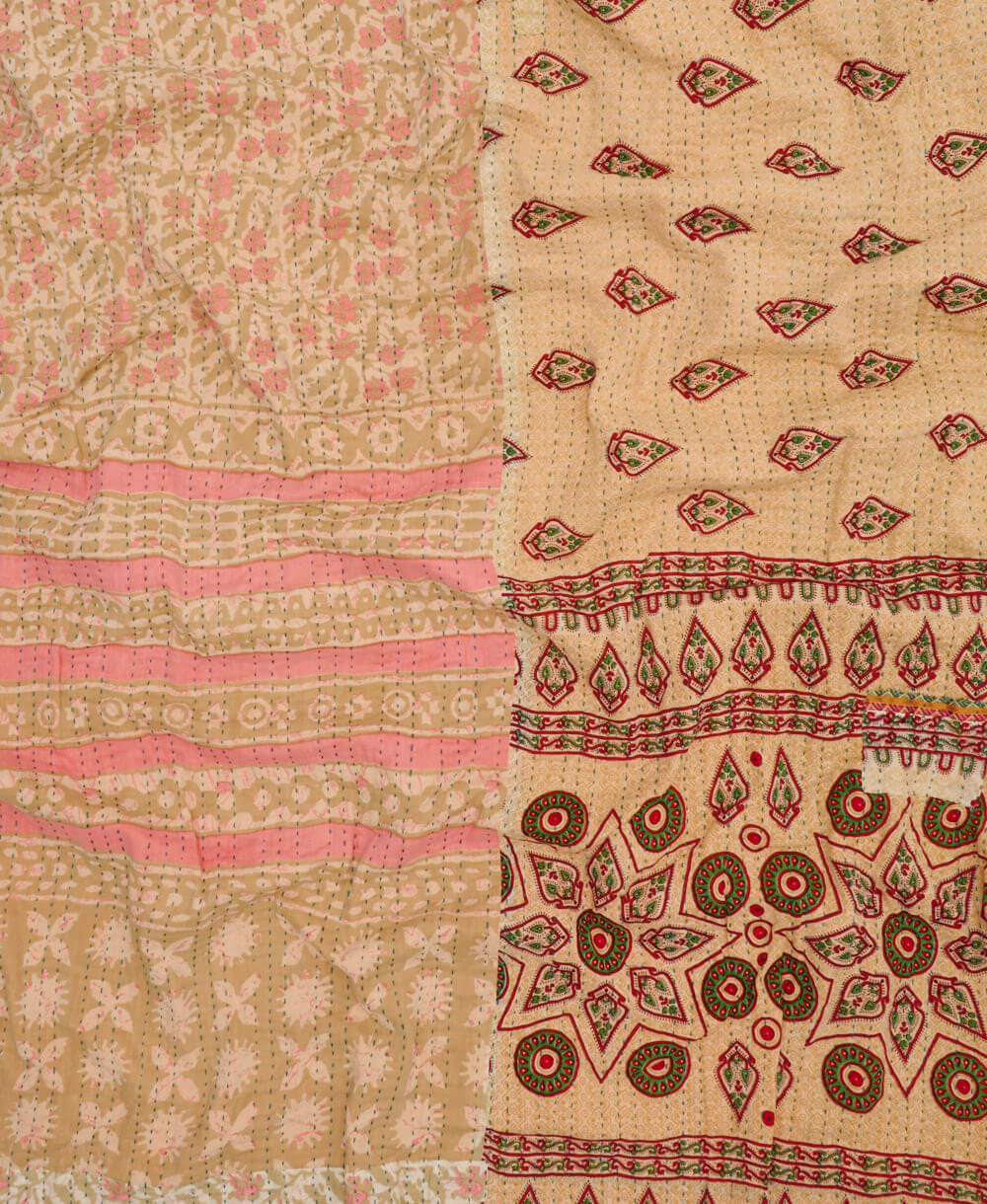 artisan-made kantha quilt in beige & baby pink floral design made from upcycled vintage cotton saris