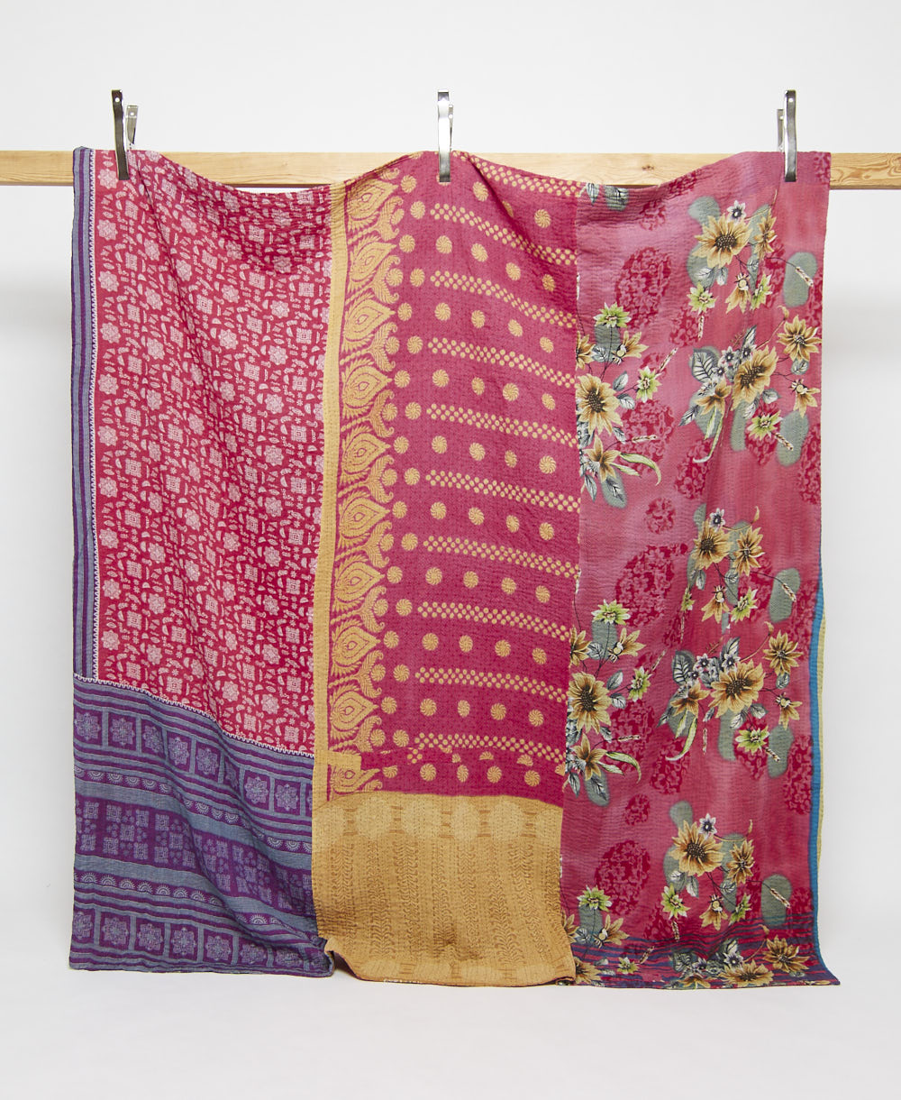 hot pink & bold beige floral print queen kantha quilt handmade in India from vintage cotton saris