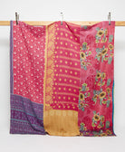 hot pink & bold beige floral print queen kantha quilt handmade in India from vintage cotton saris