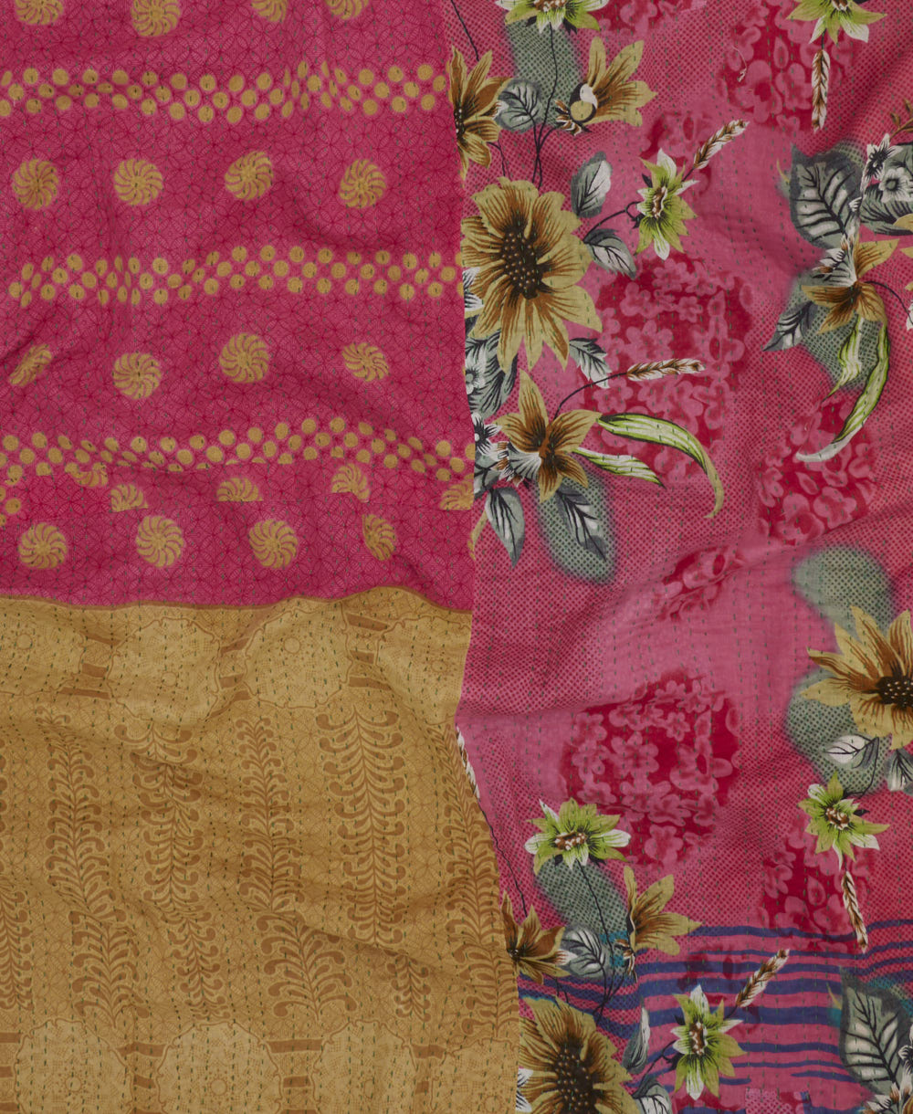 hot pink & oversized beige floral kantha blanket in queen size by Anchal