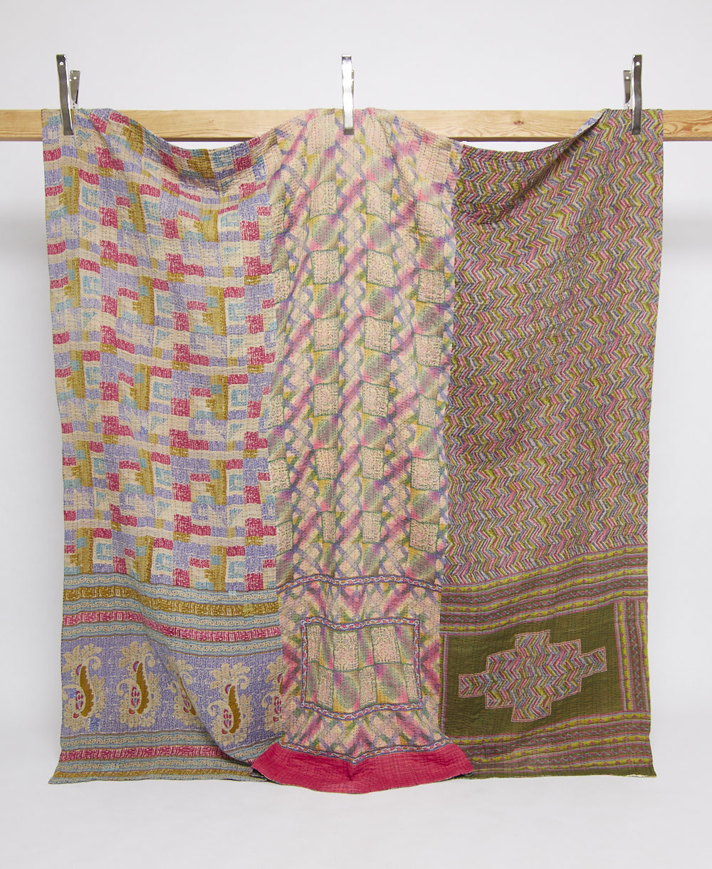 queen kantha quilt in a bold pattern handmade in India