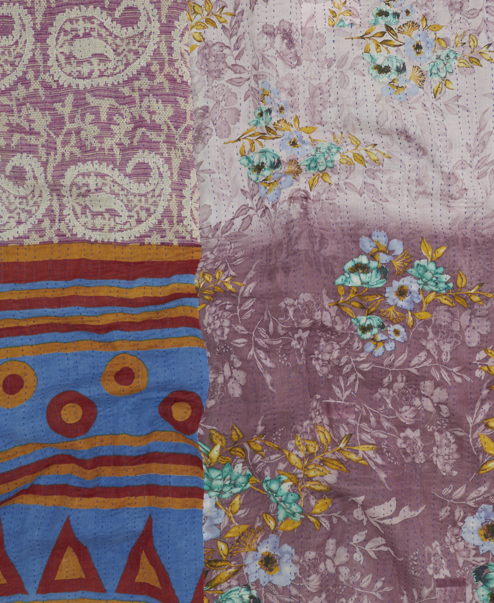 queen kantha quilt made from upcycled vintage cotton saris in India by women artisans