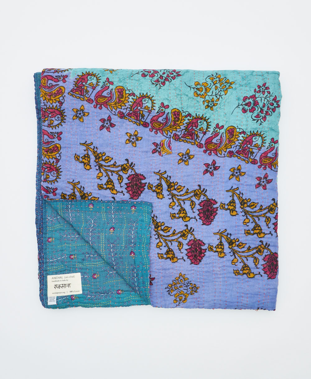 soft queen kantha blanket made from upcycled vintage cotton saris