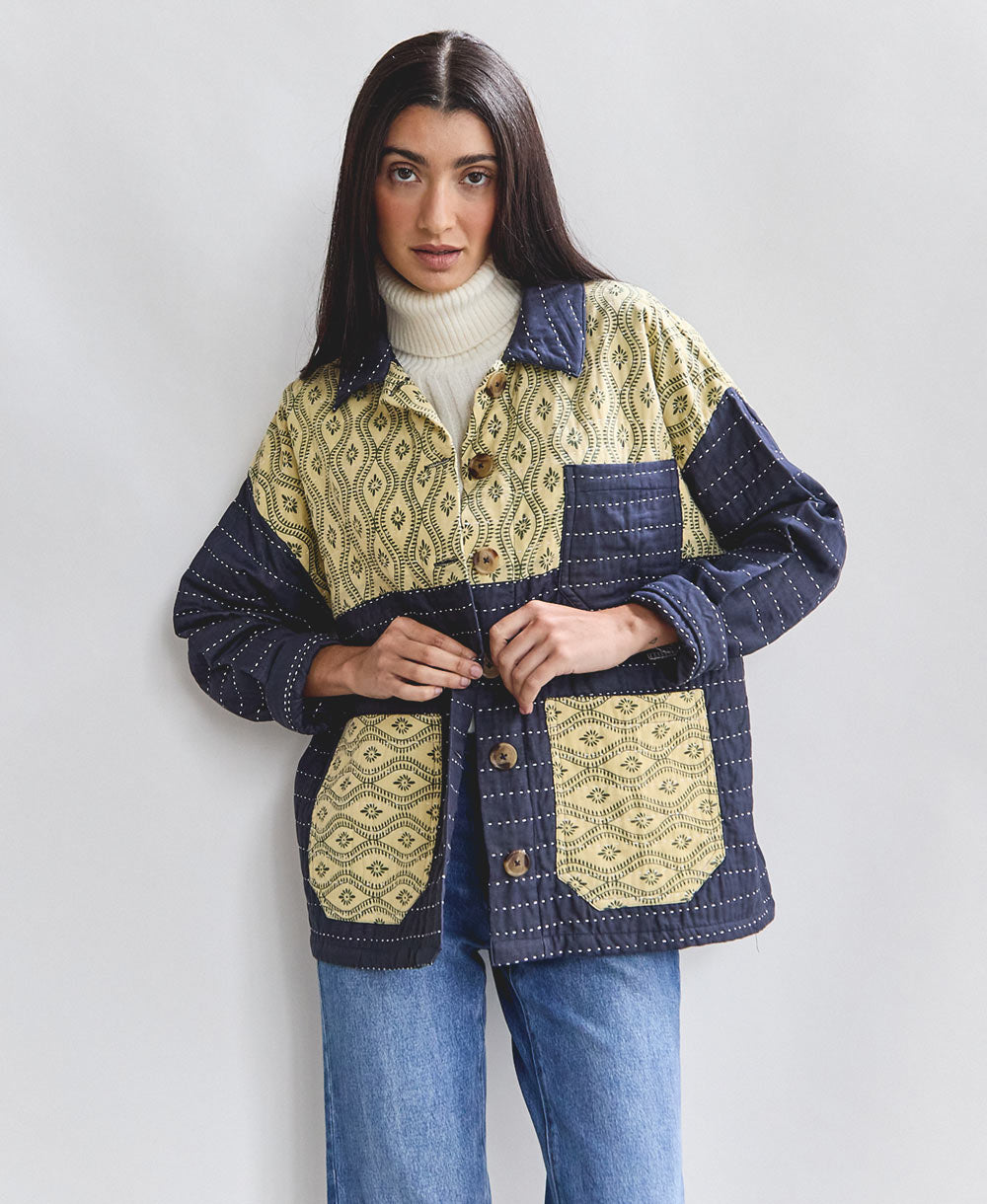 navy quilted chore jacket with one-of-a-kind vintage patchwork made from vintage saris & organic cotton in India