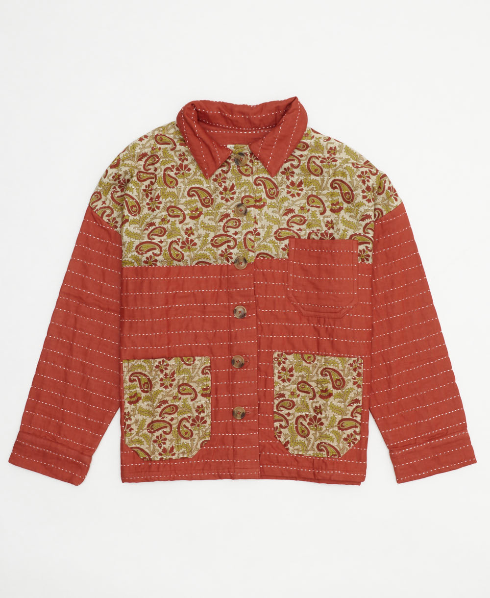 one-of-a-kind rust chore jacket made from upcycled vintage cotton saris in a red & olive paisley pattern in a size large