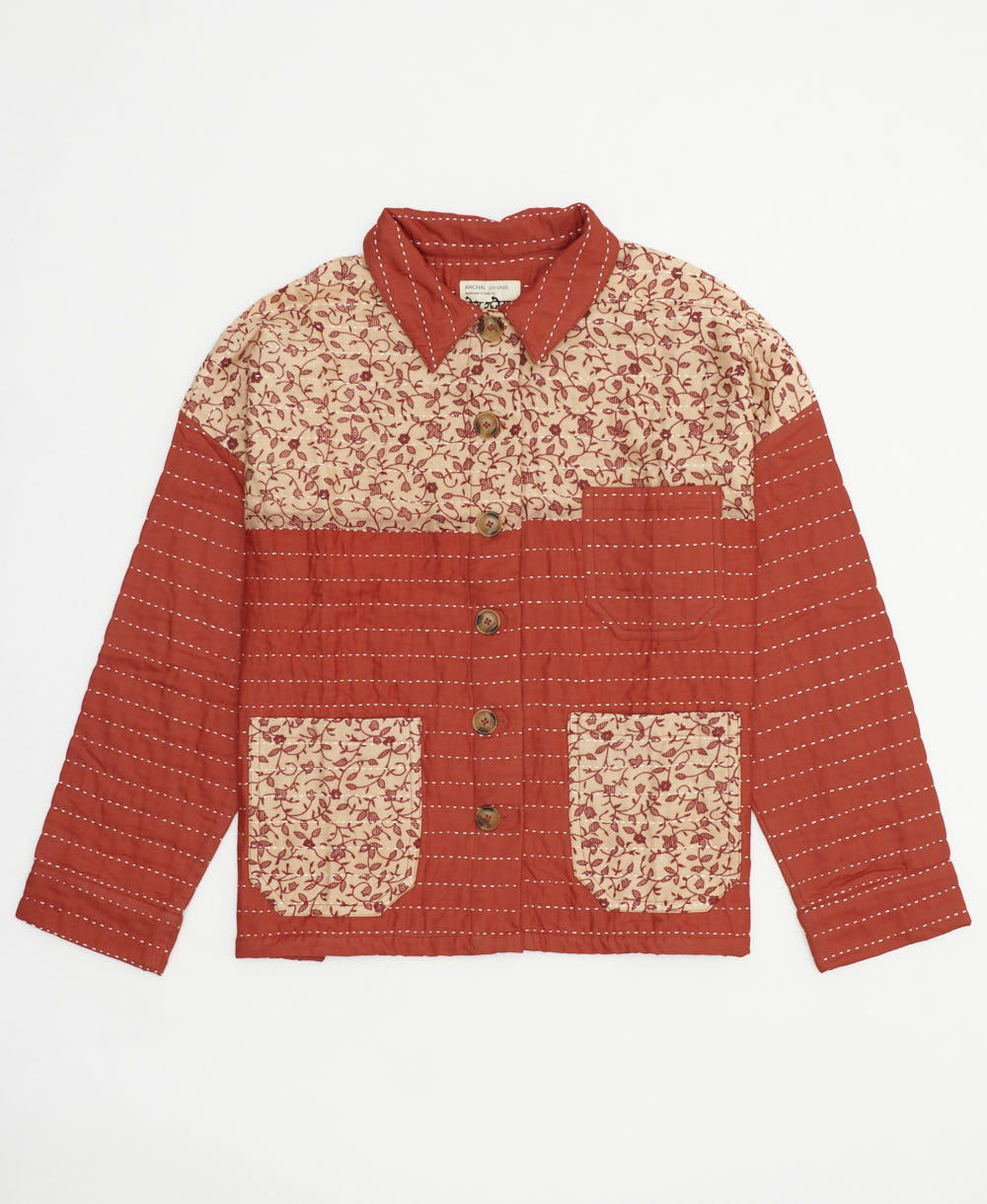 one-of-a-kind rust chore jacket made from upcycled vintage cotton saris in a red vine pattern in a size extra large