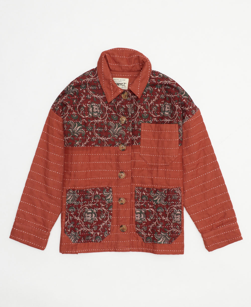 size small embroidered quilted chore jacket in rust red with vintage sari patchwork in a maroon vine print