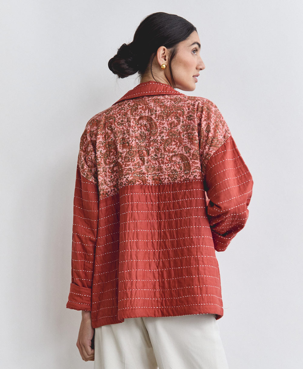 quilted rust chore jacket with embroidery and vintage patchwork panel made from organic cotton and vintage saris