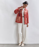 artisan made rust chore jacket with white embroidery and vintage patches made from vintage cotton saris