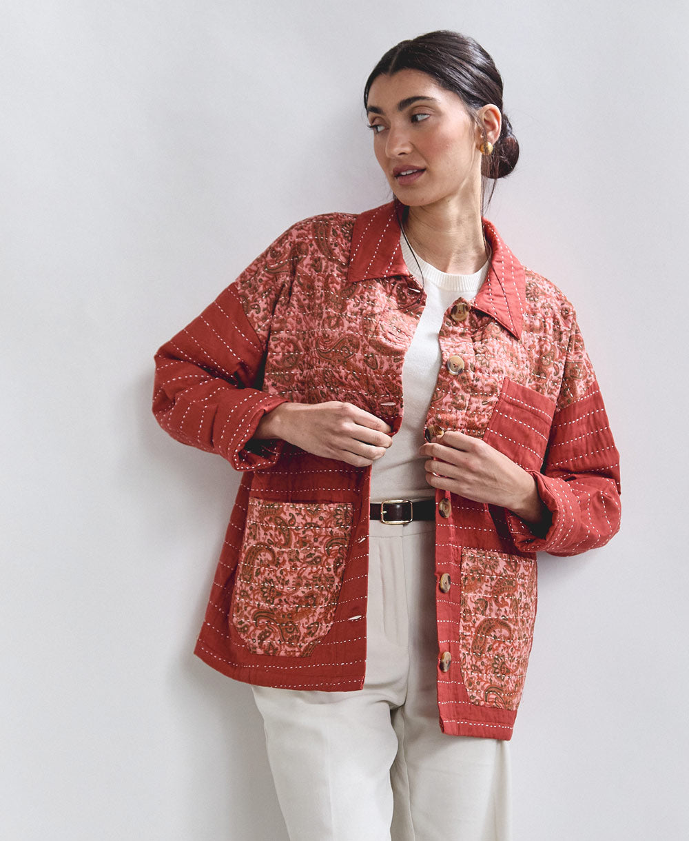 organic cotton rust quilted chore jacket with vintage pink paisley patchwork and white embroidery