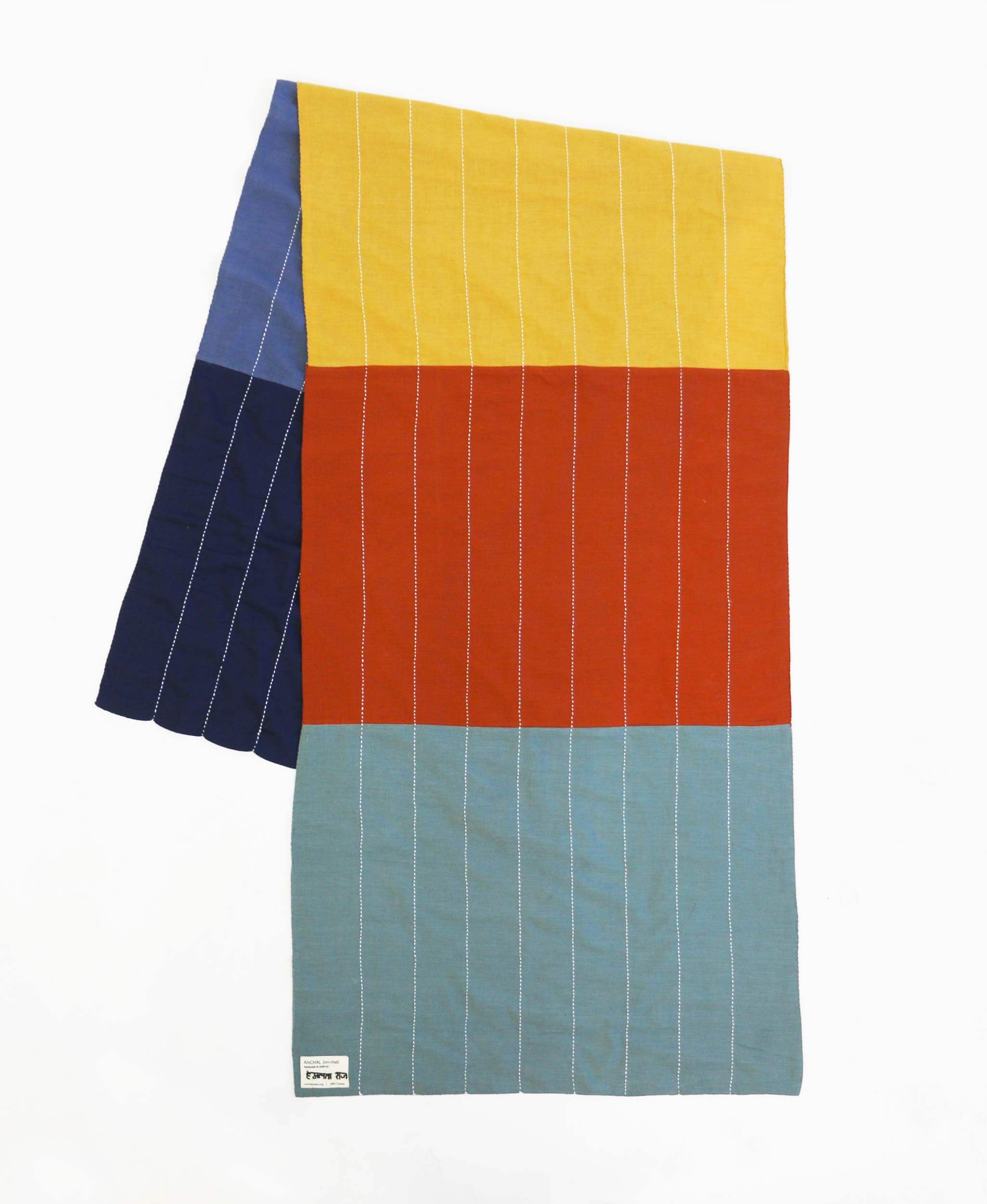 colorful oversized scarf in blocks of green, red, blue, navy and yellow handmade in India