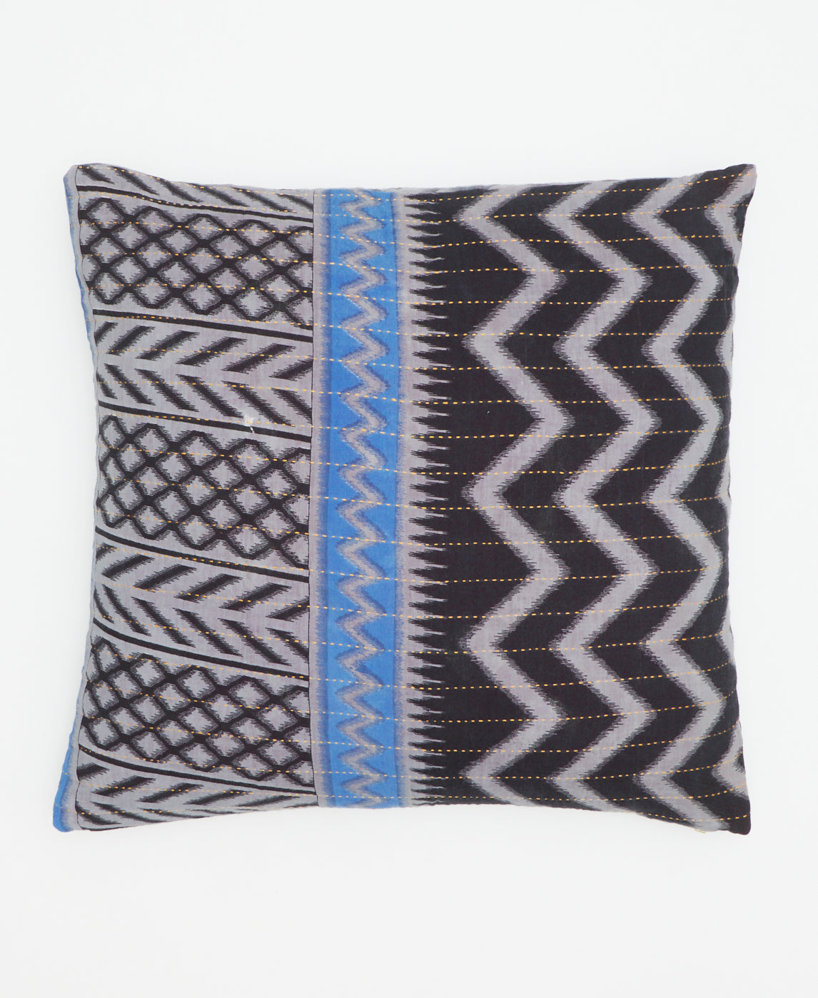 Blue and grey chevron throw pillow featuring yellow traditional kantha stitching 