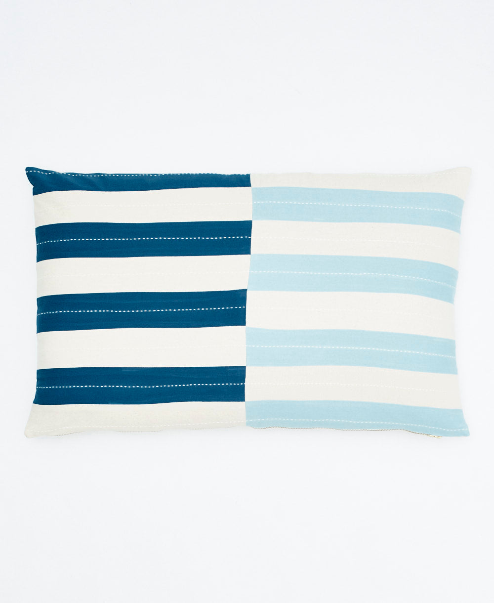 cobalt blue and light blue striped lumbar pillow handmade by artisans in India