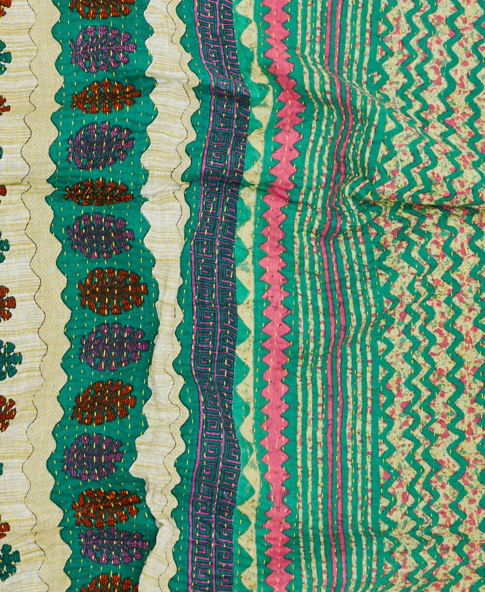 handmade small kantha quilt with pink and green stripes