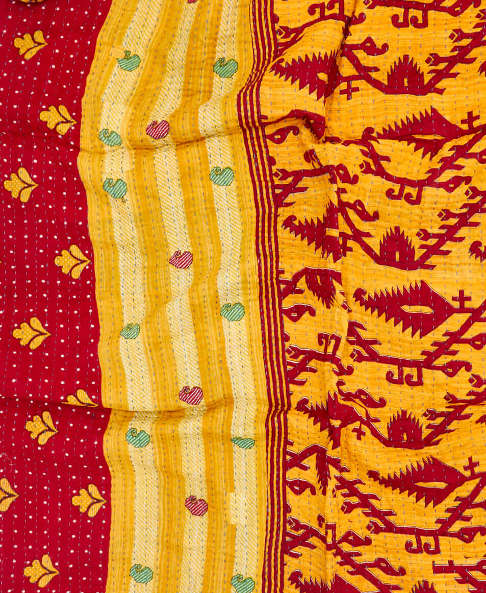 Eco-friendly artisan-made red and yellow geometric kantha quilt throw