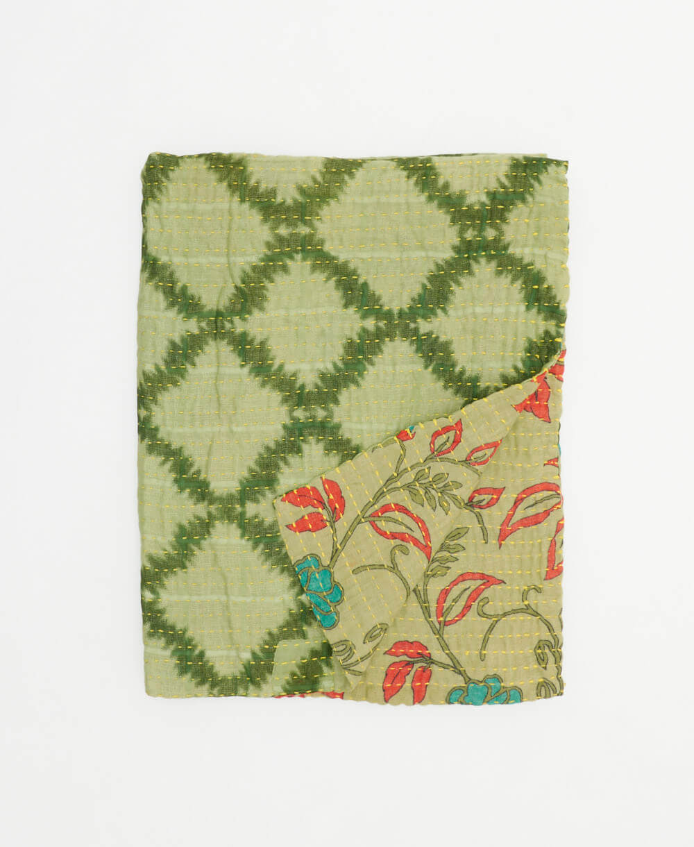 sage & hunter green small kantha quilt handmade in India by women artisans from vintage cotton saris