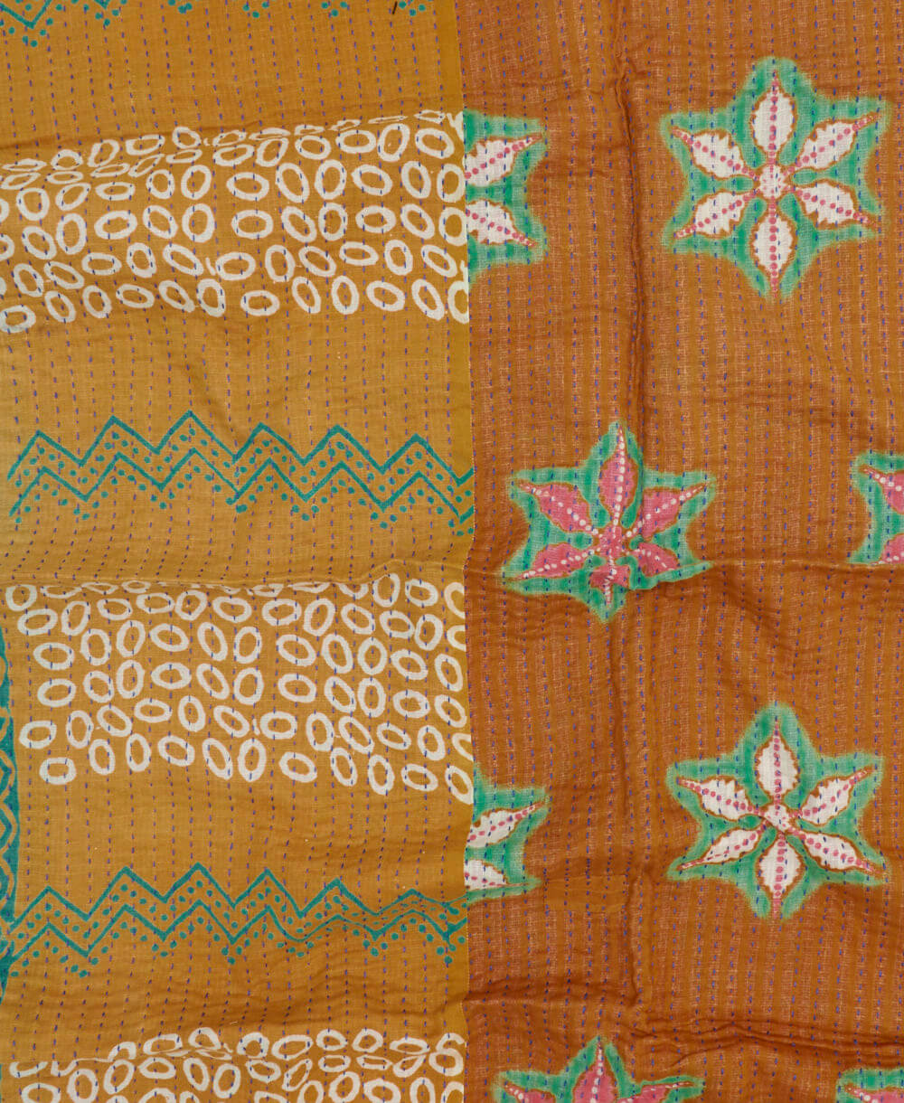 camel kantha blanket with turquoise & pink star print with purple kantha stitching