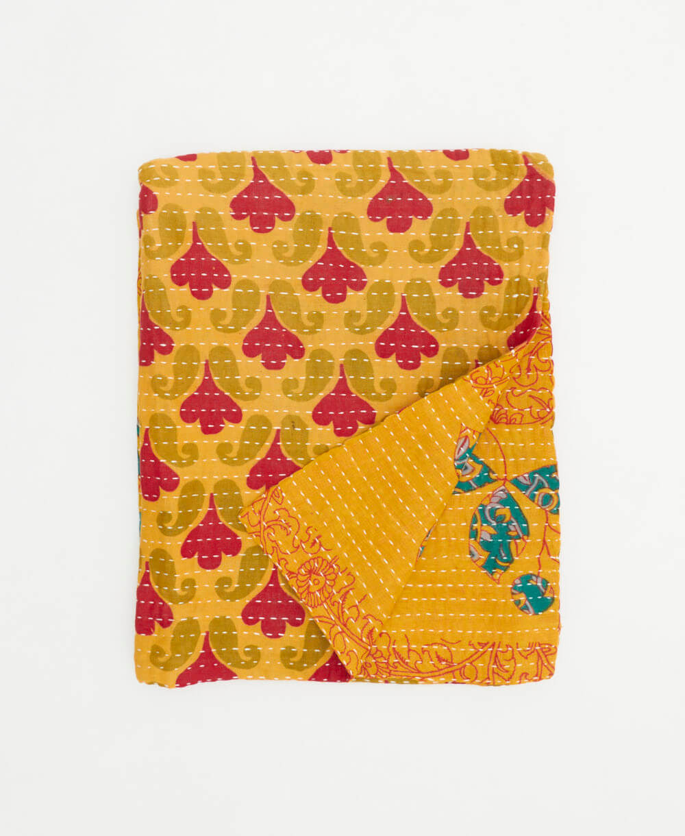 mustard & crimson small kantha quilt handmade in India by women artisans from vintage cotton saris