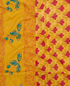 mustard & crimson kantha blanket with graphic tulip print with white kantha stitching