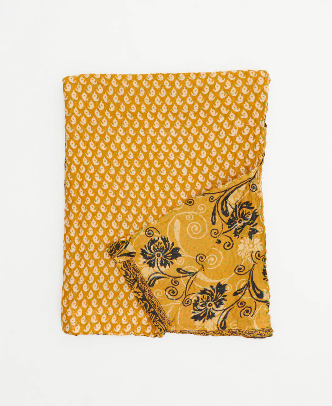 mustard yellow & black floral small kantha quilt handmade in India by women artisans from vintage cotton saris