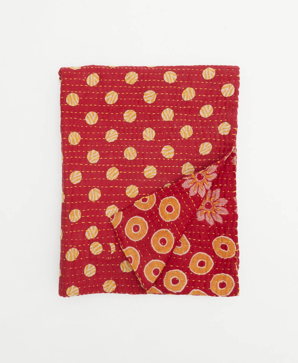 cherry red small kantha quilt handmade in India by women artisans from vintage cotton saris