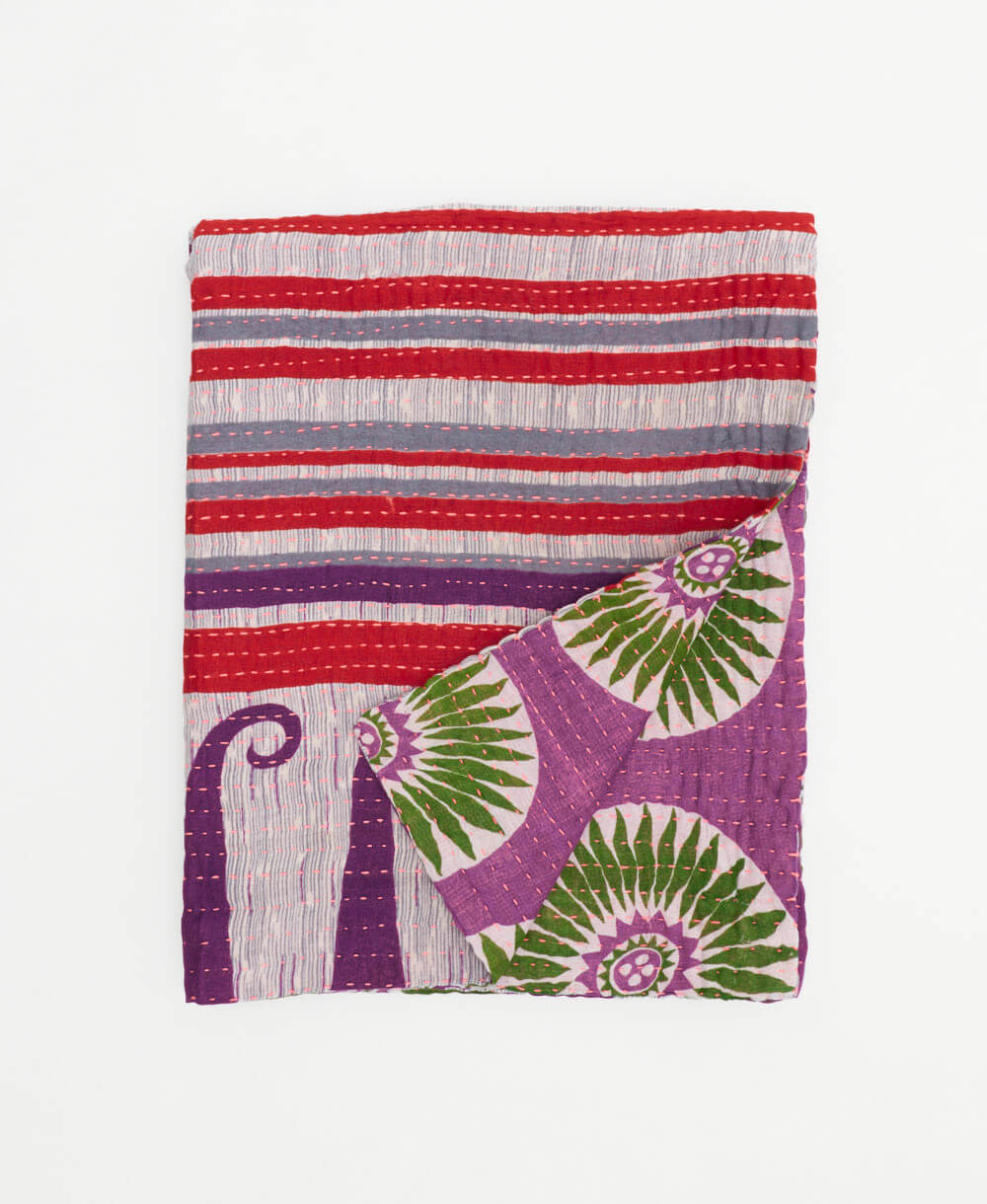 red & purple stripe small kantha quilt handmade in India by women artisans from vintage cotton saris