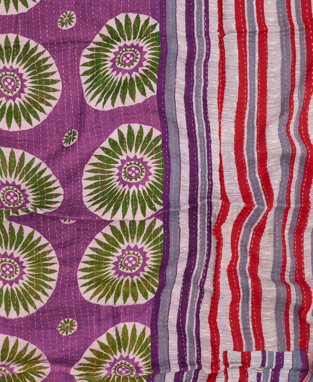 red & purple kantha blanket with stripe print with pink kantha stitching