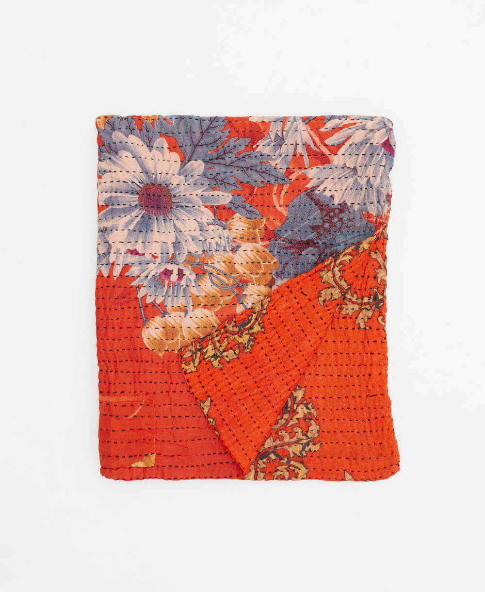 orange & slate daisy small kantha quilt handmade in India by women artisans from vintage cotton saris