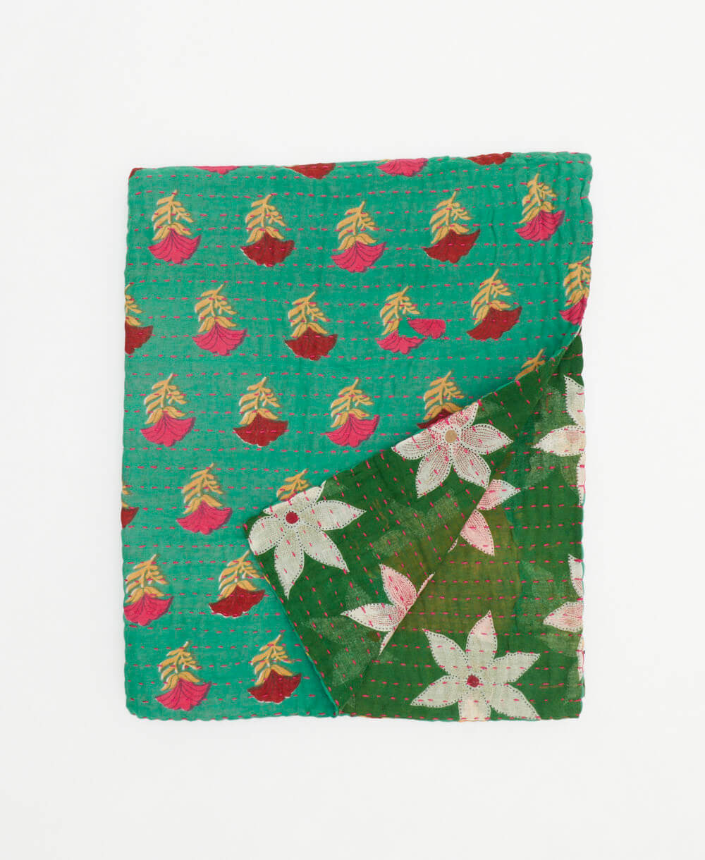 teal, pink & red small kantha quilt handmade in India by women artisans from vintage cotton saris