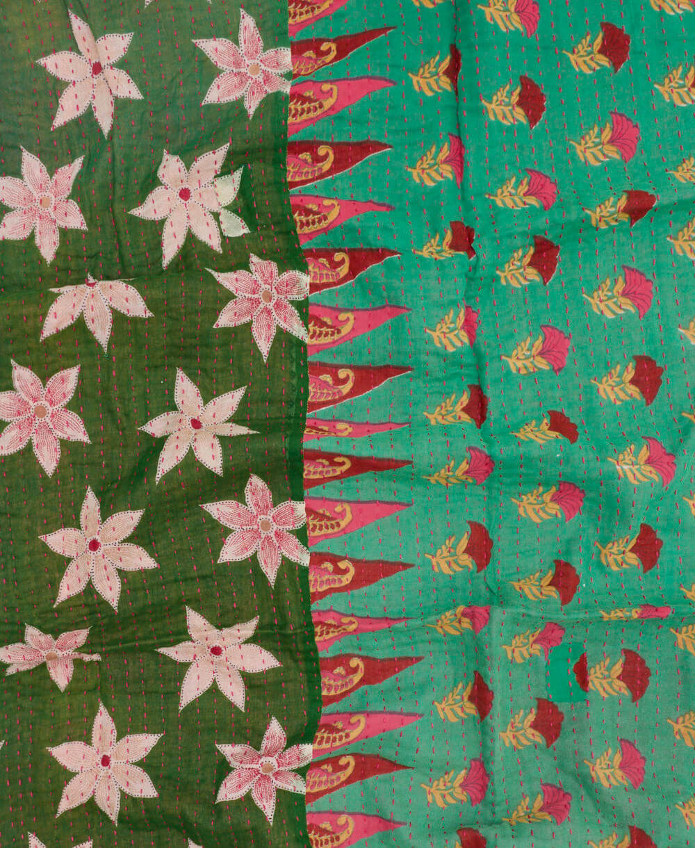 teal & green kantha blanket with pink & red floral print with pink kantha stitching