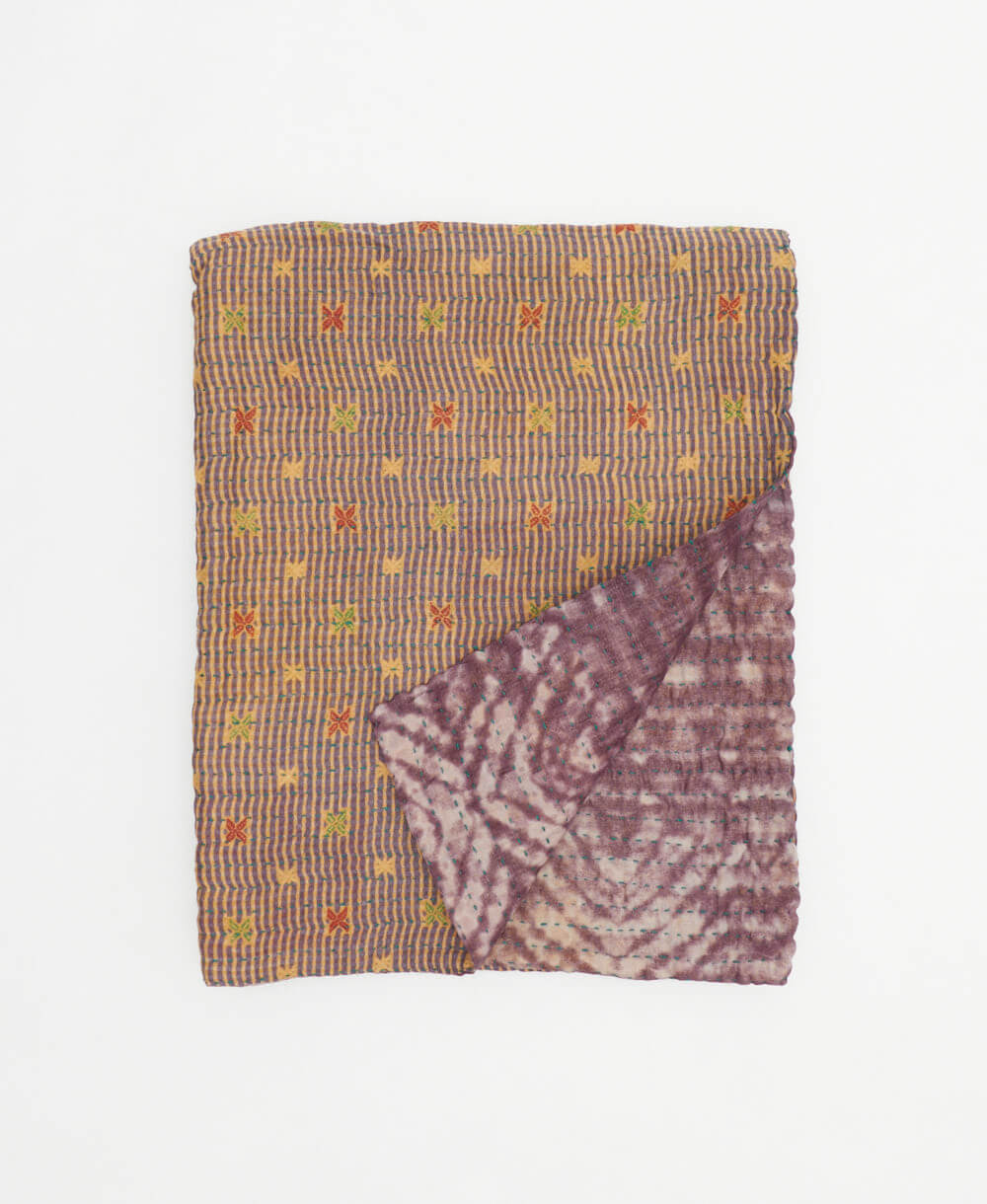 mauve & tan small kantha quilt handmade in India by women artisans from vintage cotton saris