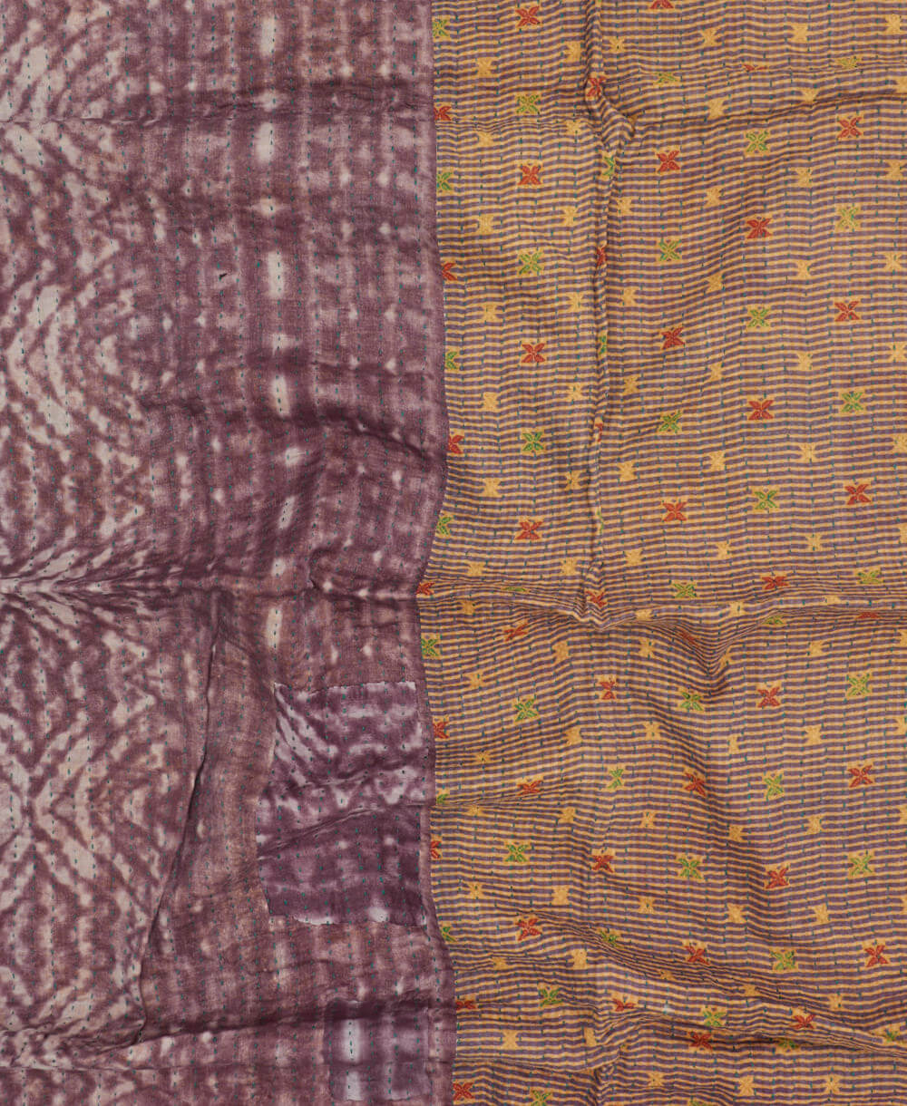 mauve & tan kantha blanket with tie dye print with blue kantha stitching