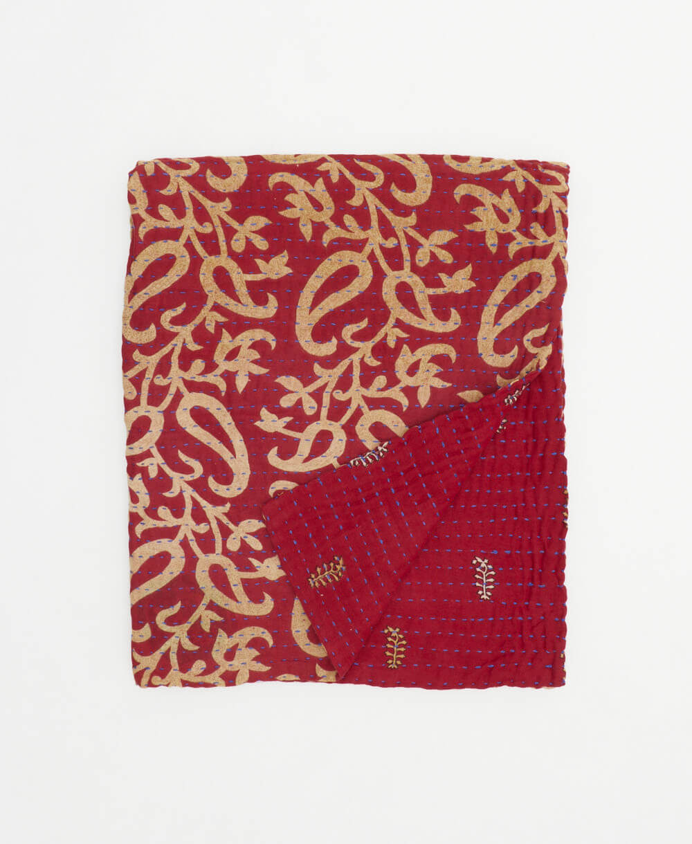 crimson red & tan leaf small kantha quilt handmade in India by women artisans from vintage cotton saris