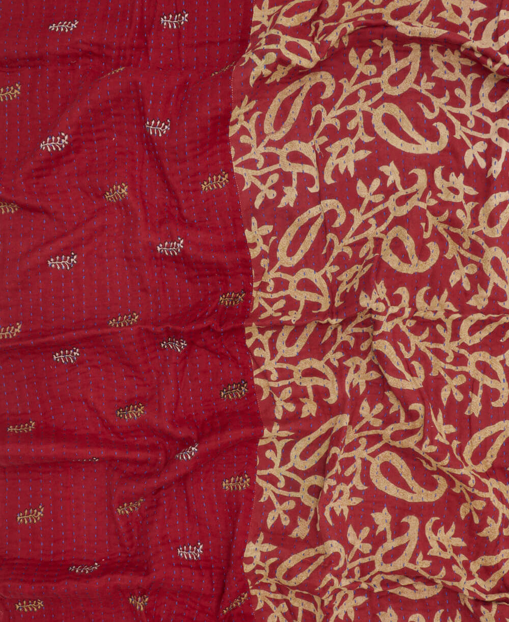 crimson red & tan kantha blanket with leaf print with blue kantha stitching