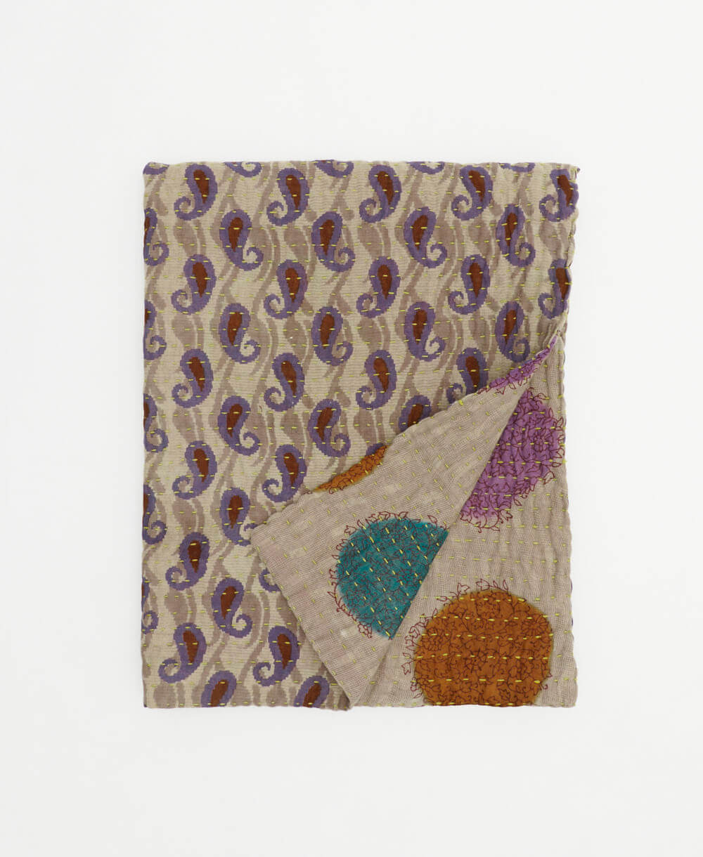 light grey and purple paisley small kantha quilt handmade in India by women artisans from vintage cotton saris